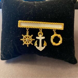 TRIFARI Nautical Anchor, Wheel & Life Ring Gold Enamel Brooch